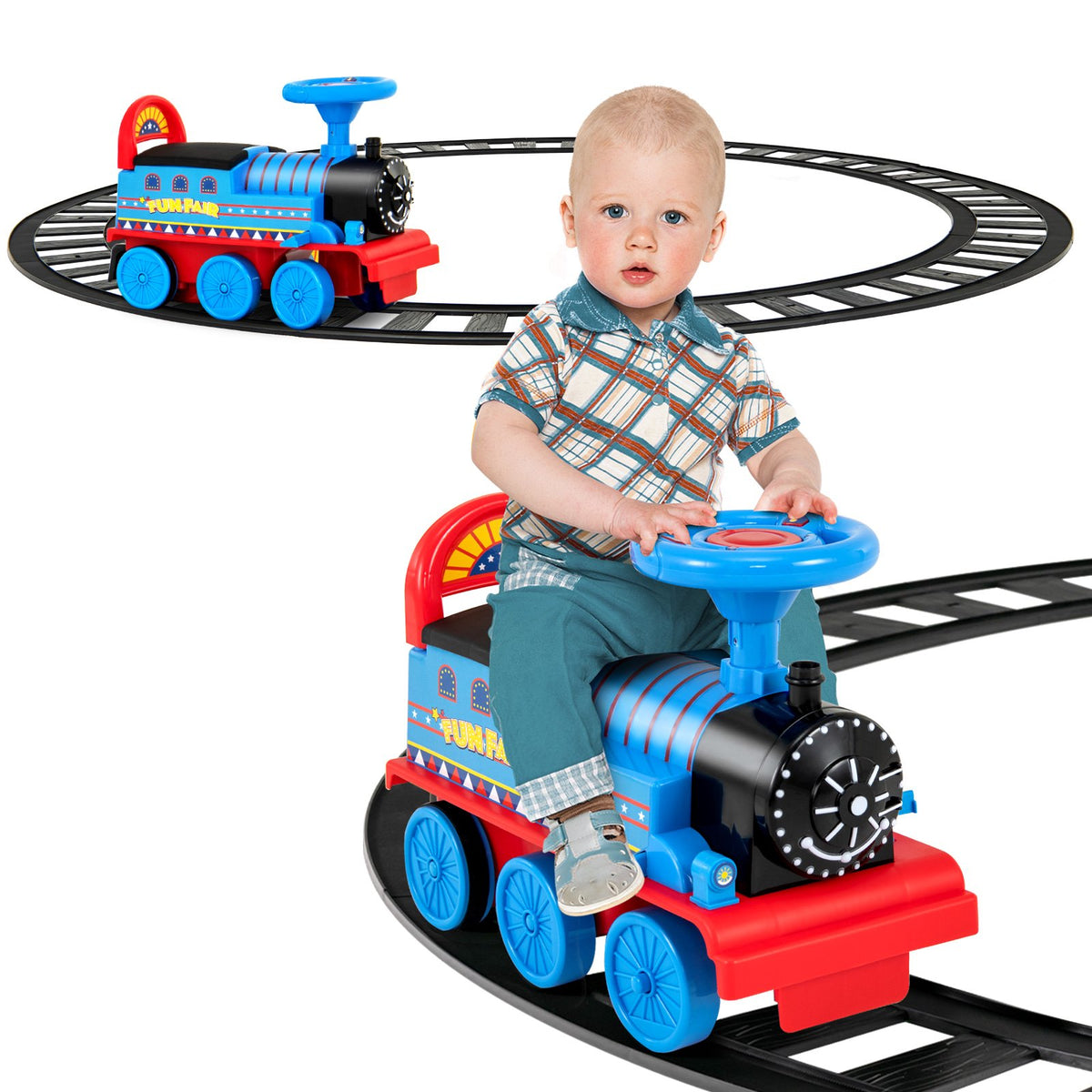 Kids 6V Ride-On Train With 16-Piece Track, Lights, Music