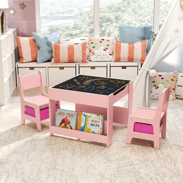 Kids Activity Table Set, 2 Chairs, Reversible Chalkboard-Whiteboard