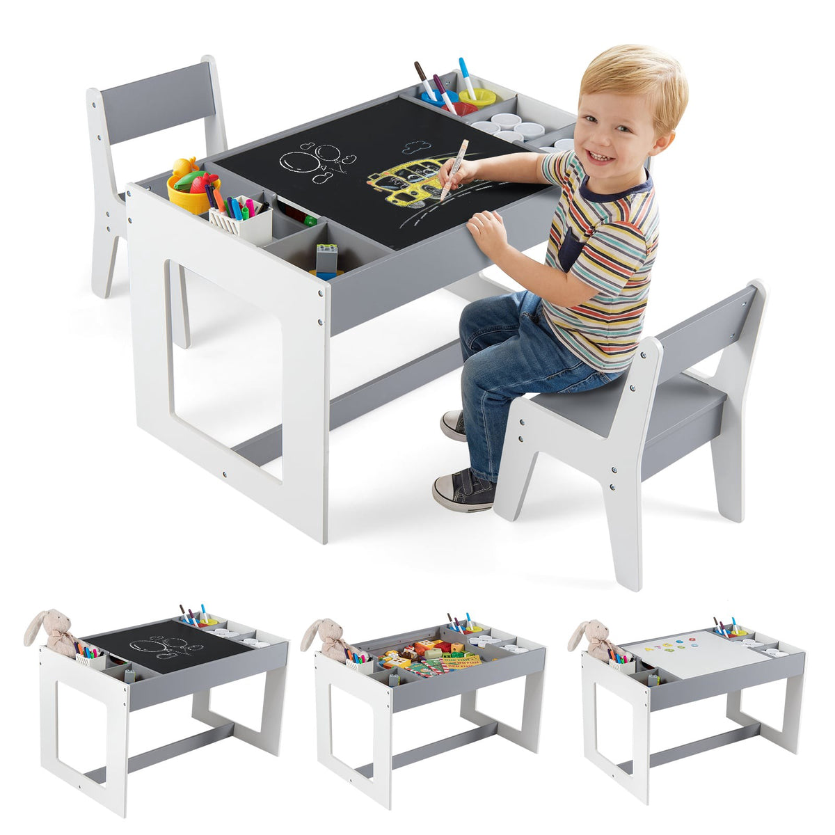 Kids Activity Table Set with 2 Chairs, Double-Sided Top