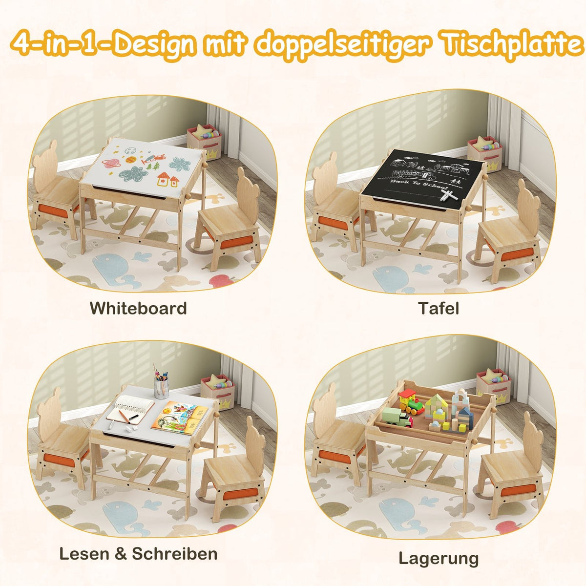 Kids Activity Table Set with Panda Chairs, 4-in-1 Design