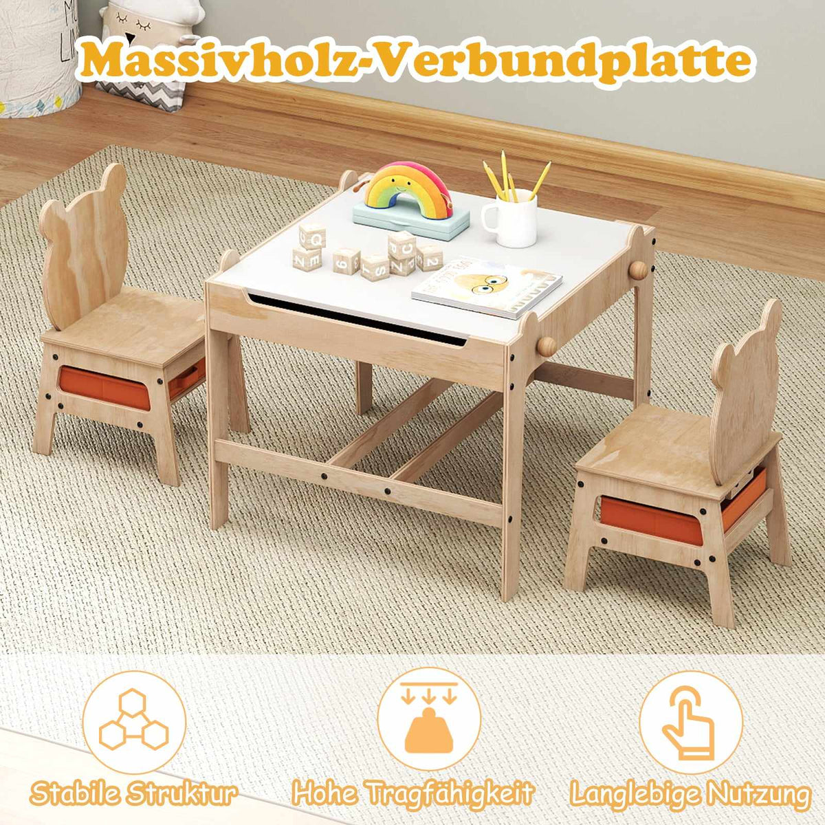 Kids Activity Table Set with Panda Chairs, 4-in-1 Design