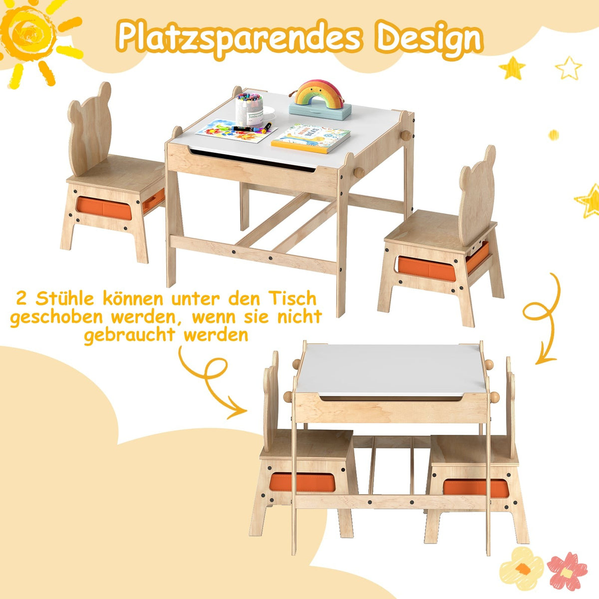 Kids Activity Table Set with Panda Chairs, 4-in-1 Design