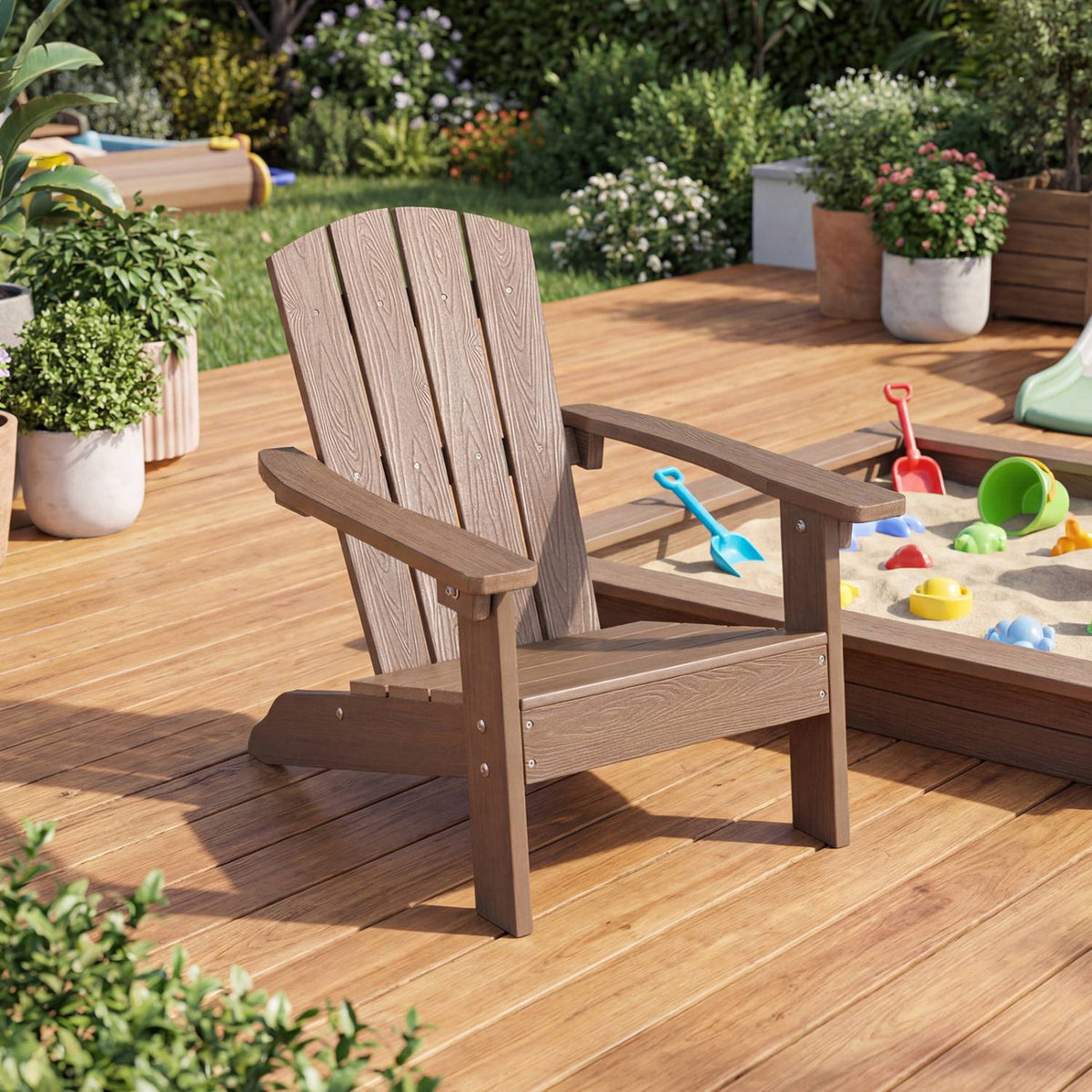Kids Adirondack Chair, All-Weather HIPS, High Back, Brown