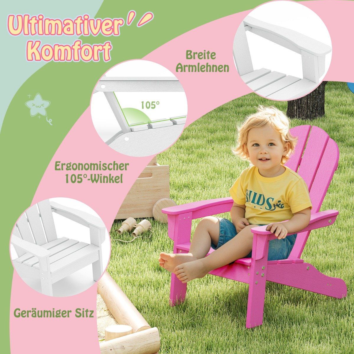 Kids Adirondack Chair, HDPE, Ergonomic Backrest, Pink