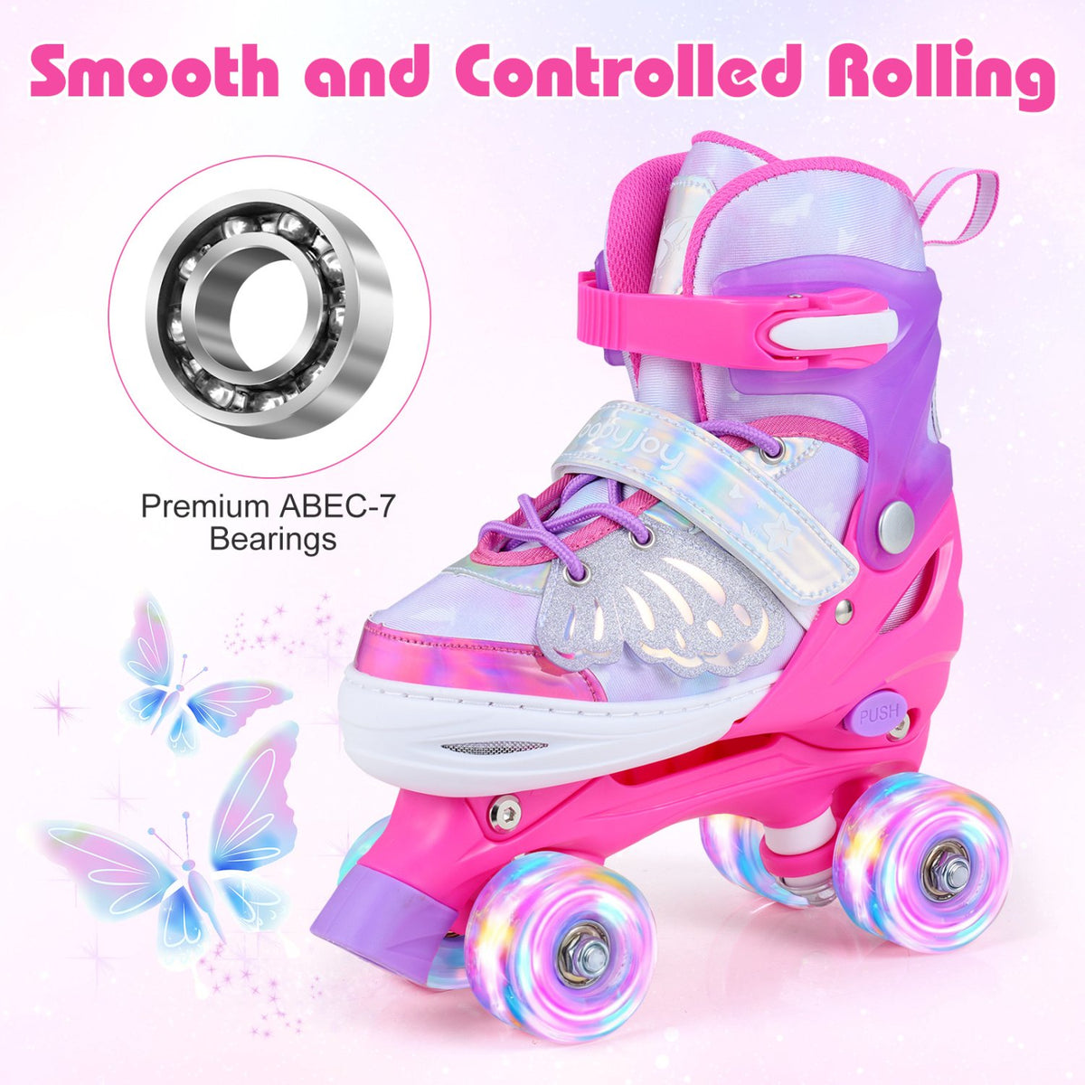 Kids Adjustable Roller Skates, Light-Up Wheels, Pink