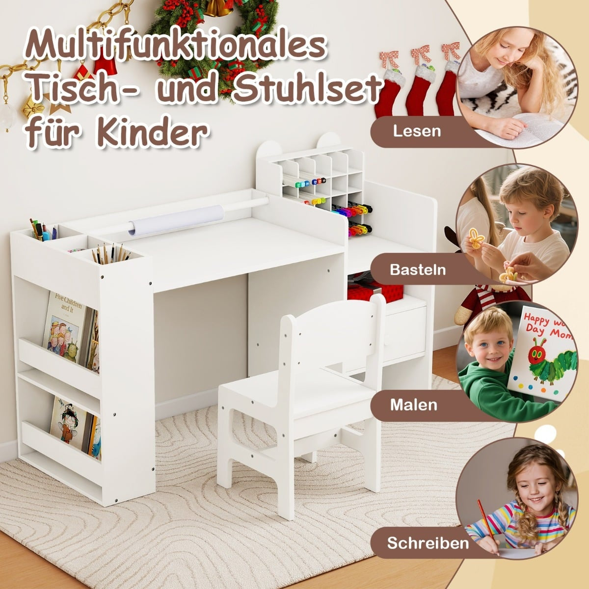 Kids Art Desk & Chair Set with Paper Roll Holder, White
