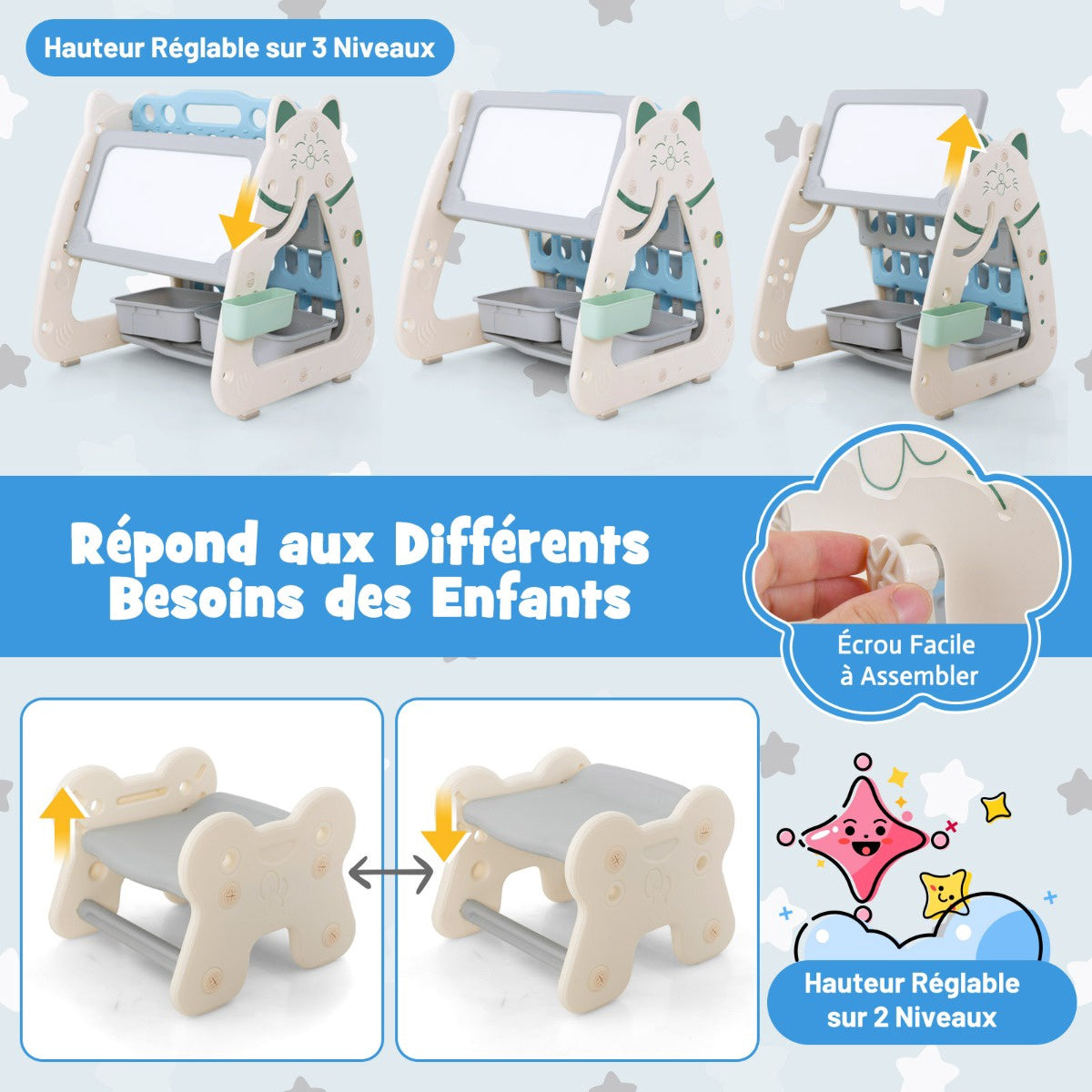 Kids Art Easel With Stool – 3-In-1 Magnetic Dry Erase Book Rack