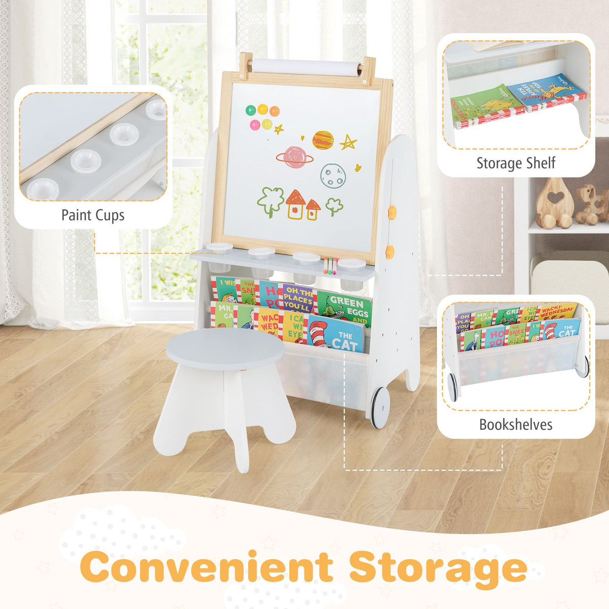 Kids Art Easel With Stool, Adjustable, Magnetic Board