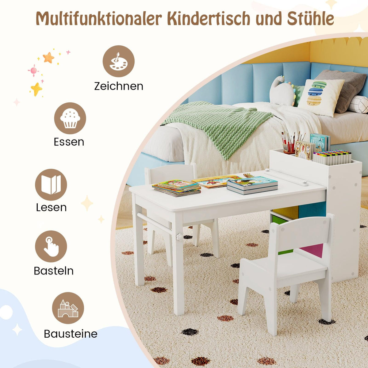 Kids Art Table Set with 2 Chairs, Paper Roll Holder, White