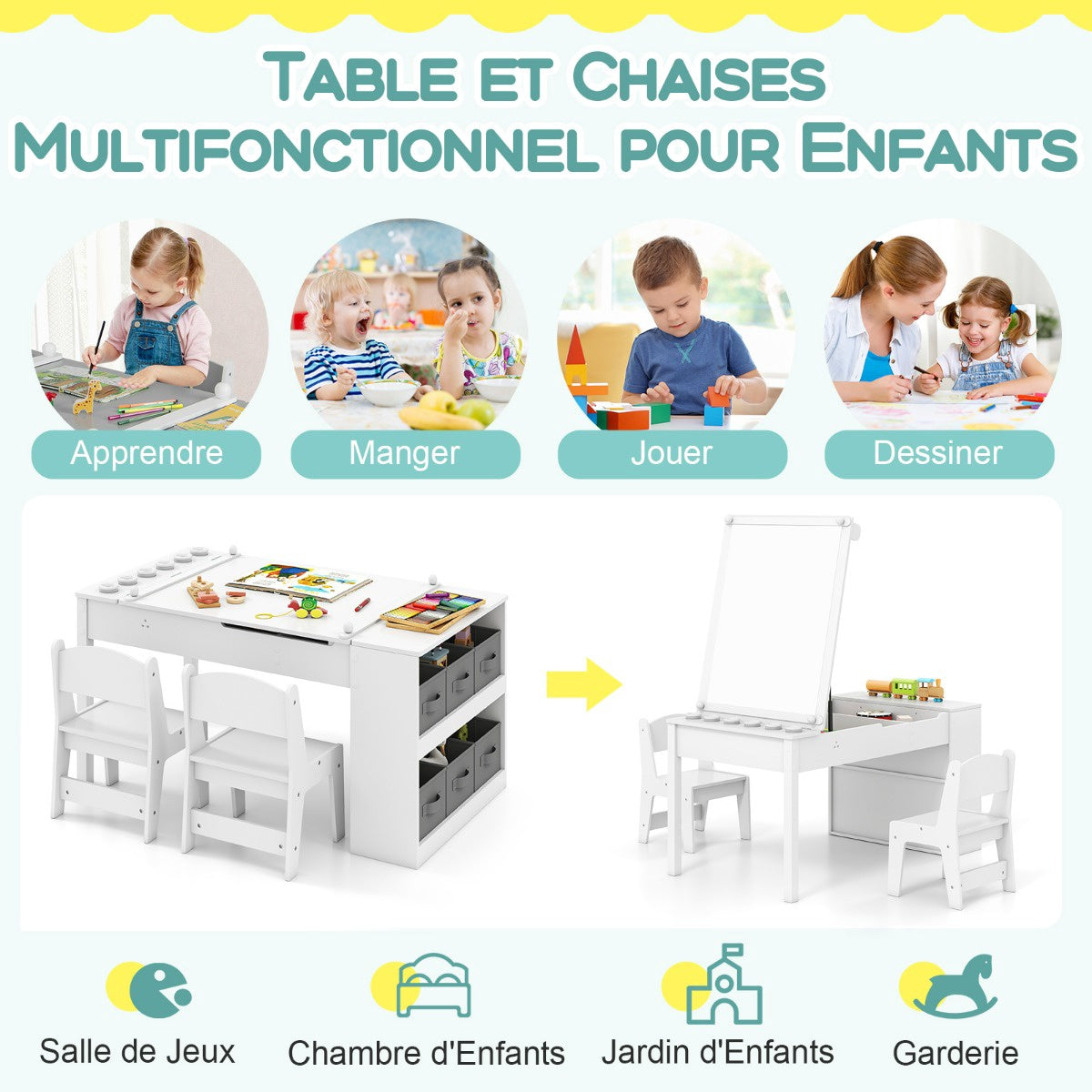 Kids Art Table and 2 Chairs, Adjustable Easel, Paper Roll
