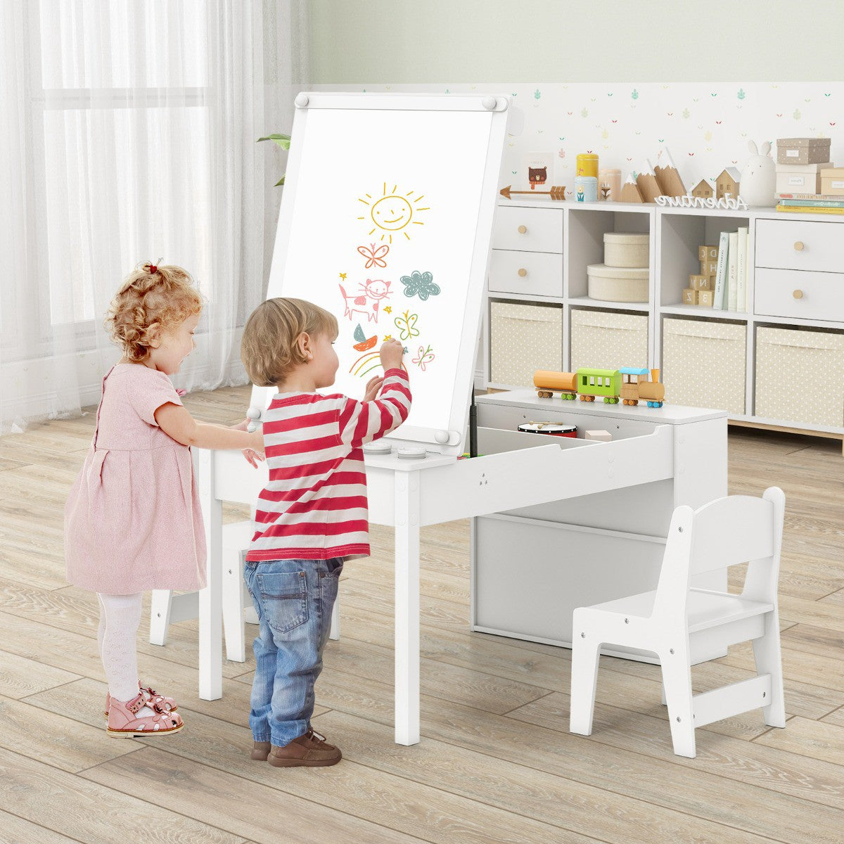 Kids Art Table and 2 Chairs, Adjustable Easel, Paper Roll