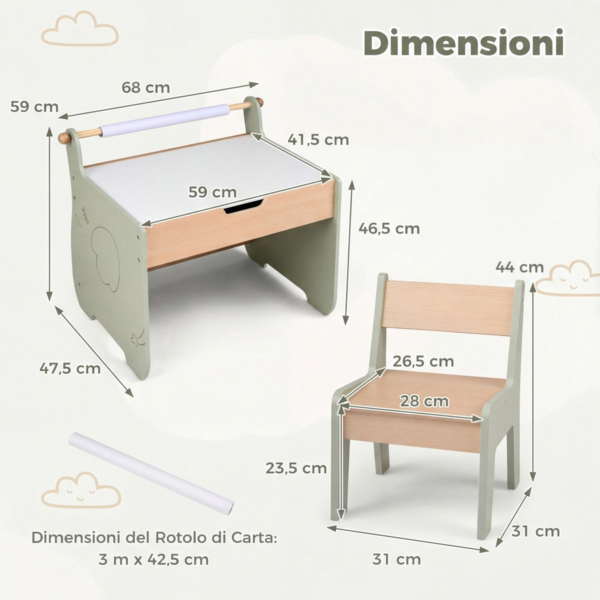 Kids Art Table and Chair Set, Reversible Board, Storage; Paper Roll