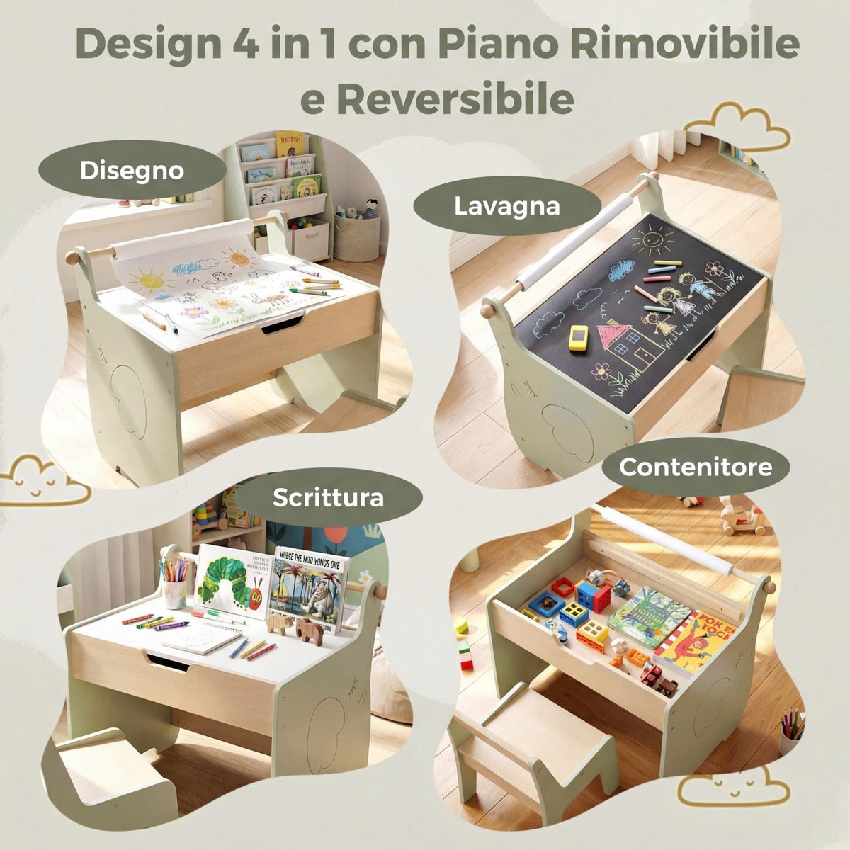 Kids Art Table and Chair Set, Reversible Board, Storage; Paper Roll