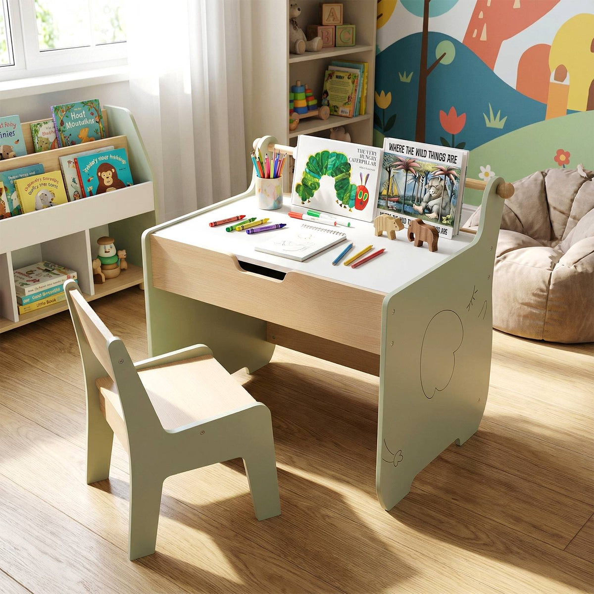 Kids Art Table and Chair Set, Reversible Board, Storage; Paper Roll