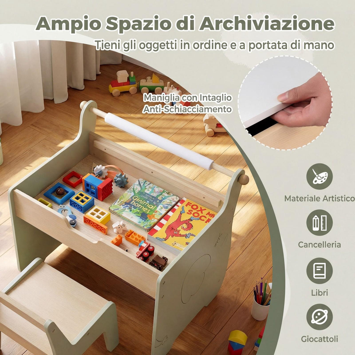 Kids Art Table and Chair Set, Reversible Board, Storage; Paper Roll