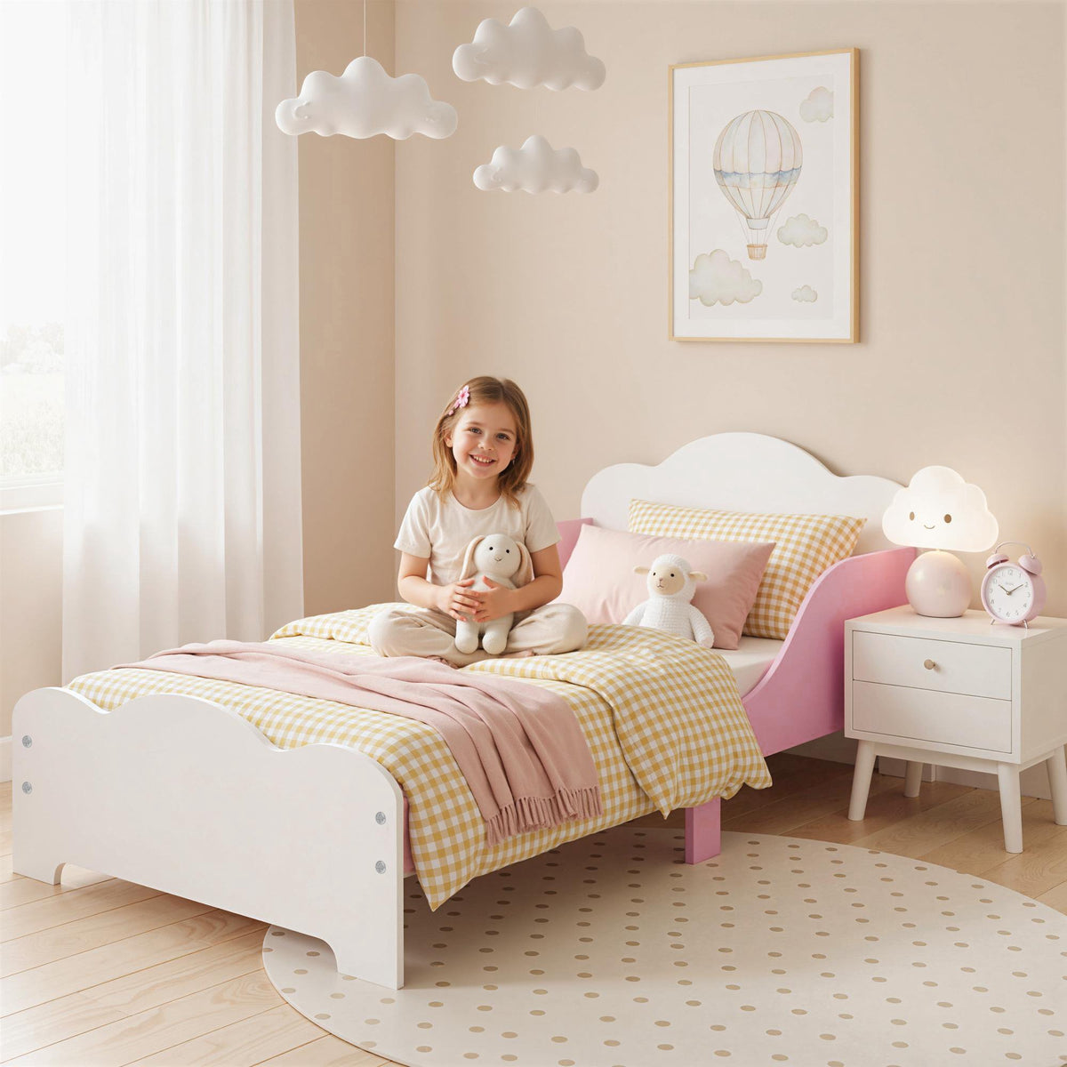 Kids Bed Frame 140x70 cm, Low Floor Guard Rails, Pink