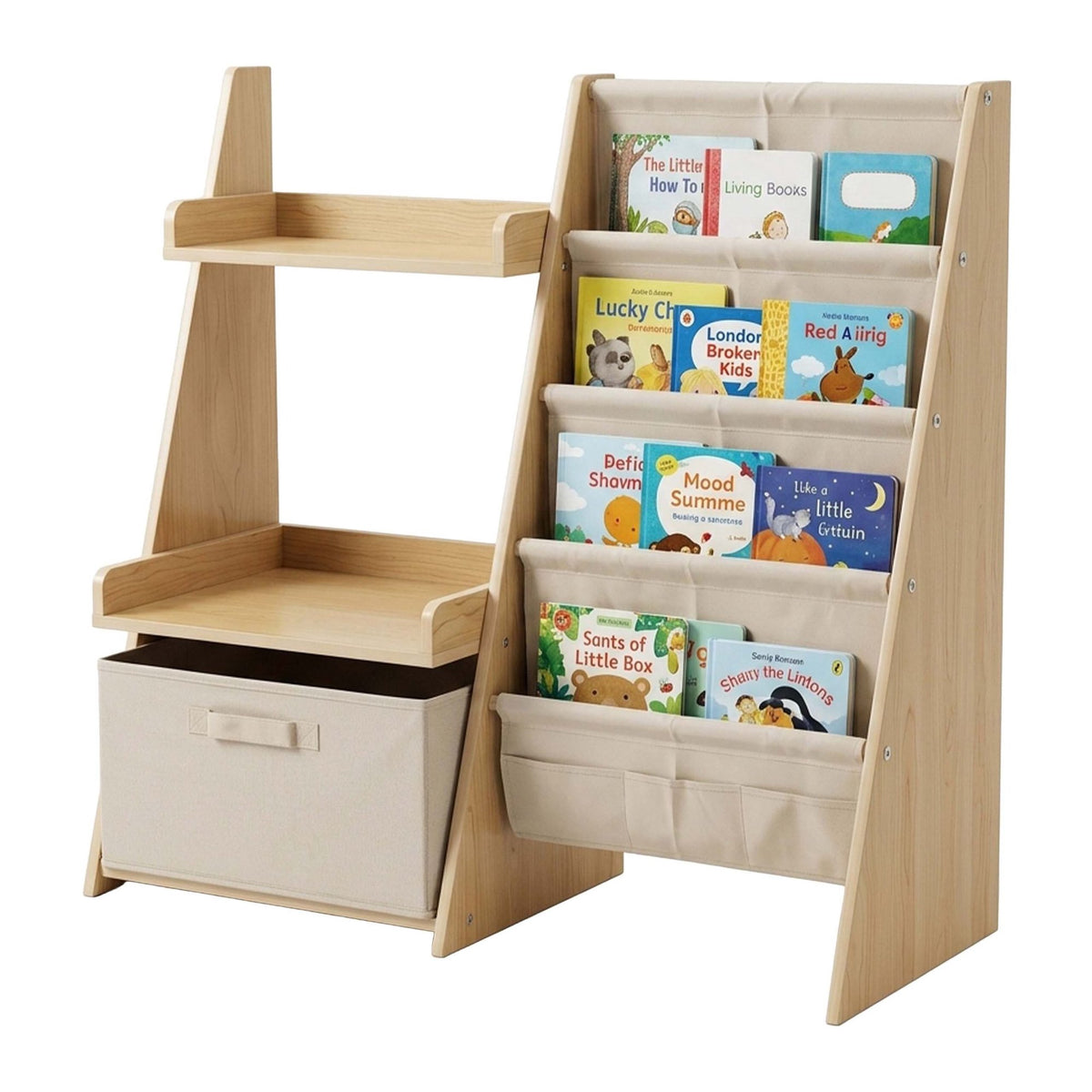 Kids' Bookcase with Fabric Pockets & Removable Box