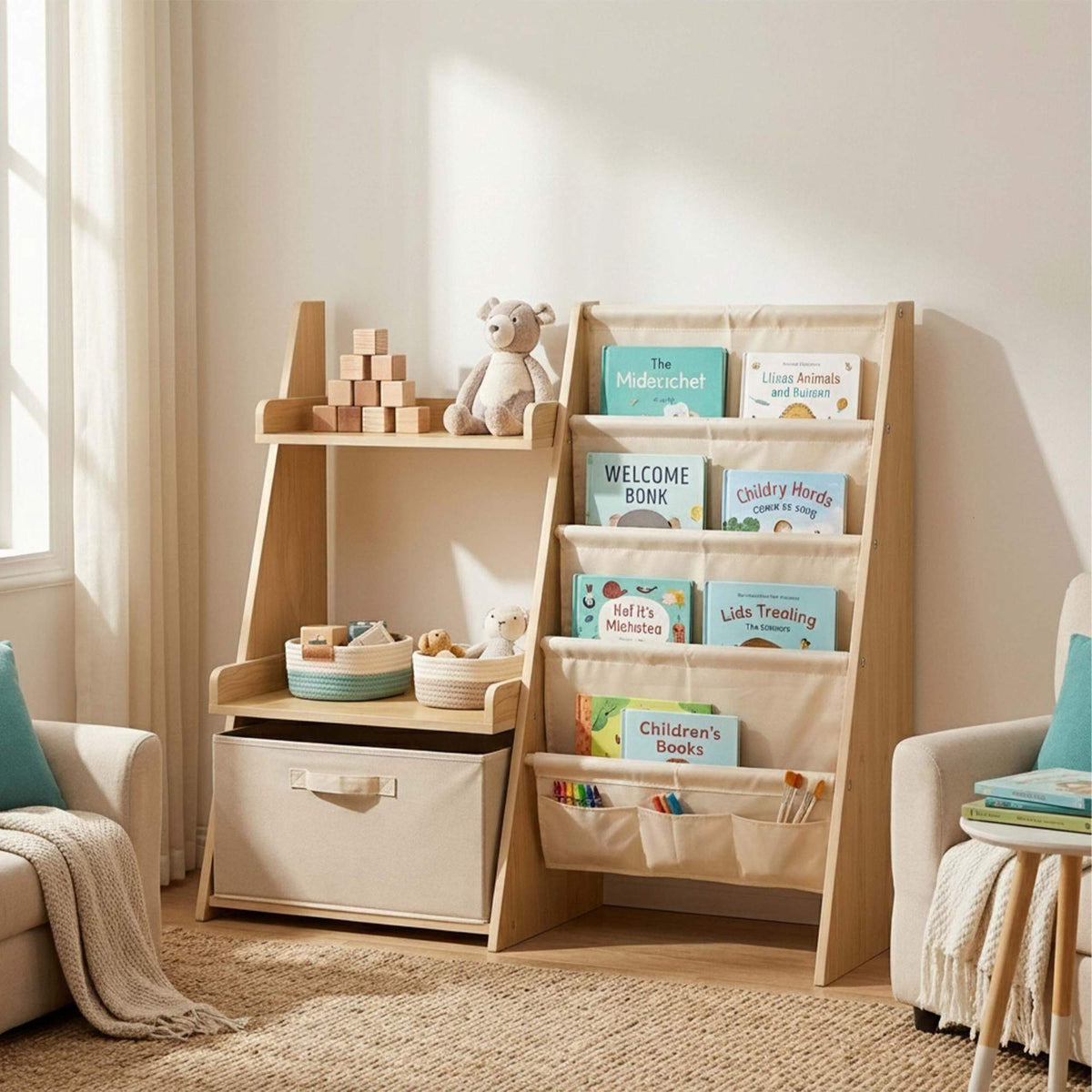 Kids' Bookcase with Fabric Pockets & Removable Box