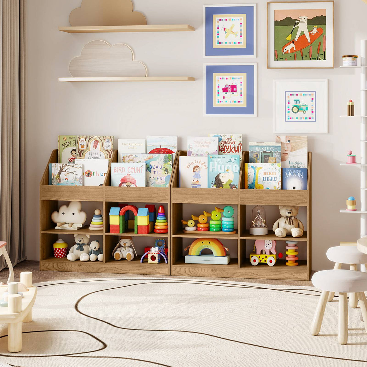 Kids Bookshelf, 3-Tier Display Rack, 4 Compartments