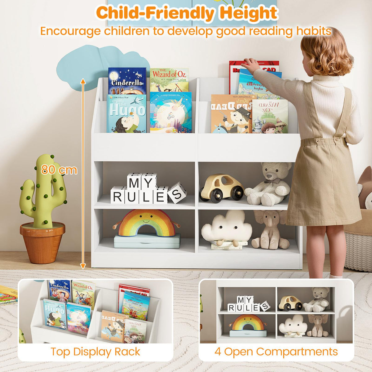 Kids Bookshelf, 3-Tier Display Rack, 4 Compartments, White