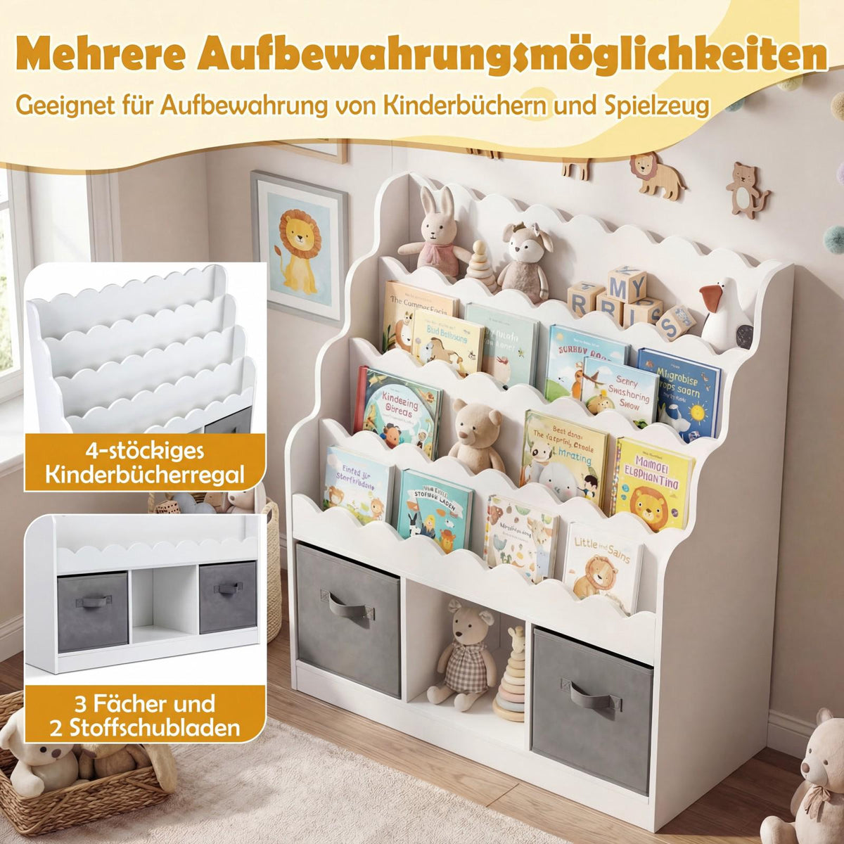 Kids Bookshelf with 2 Fabric Drawers and 4 Shelves