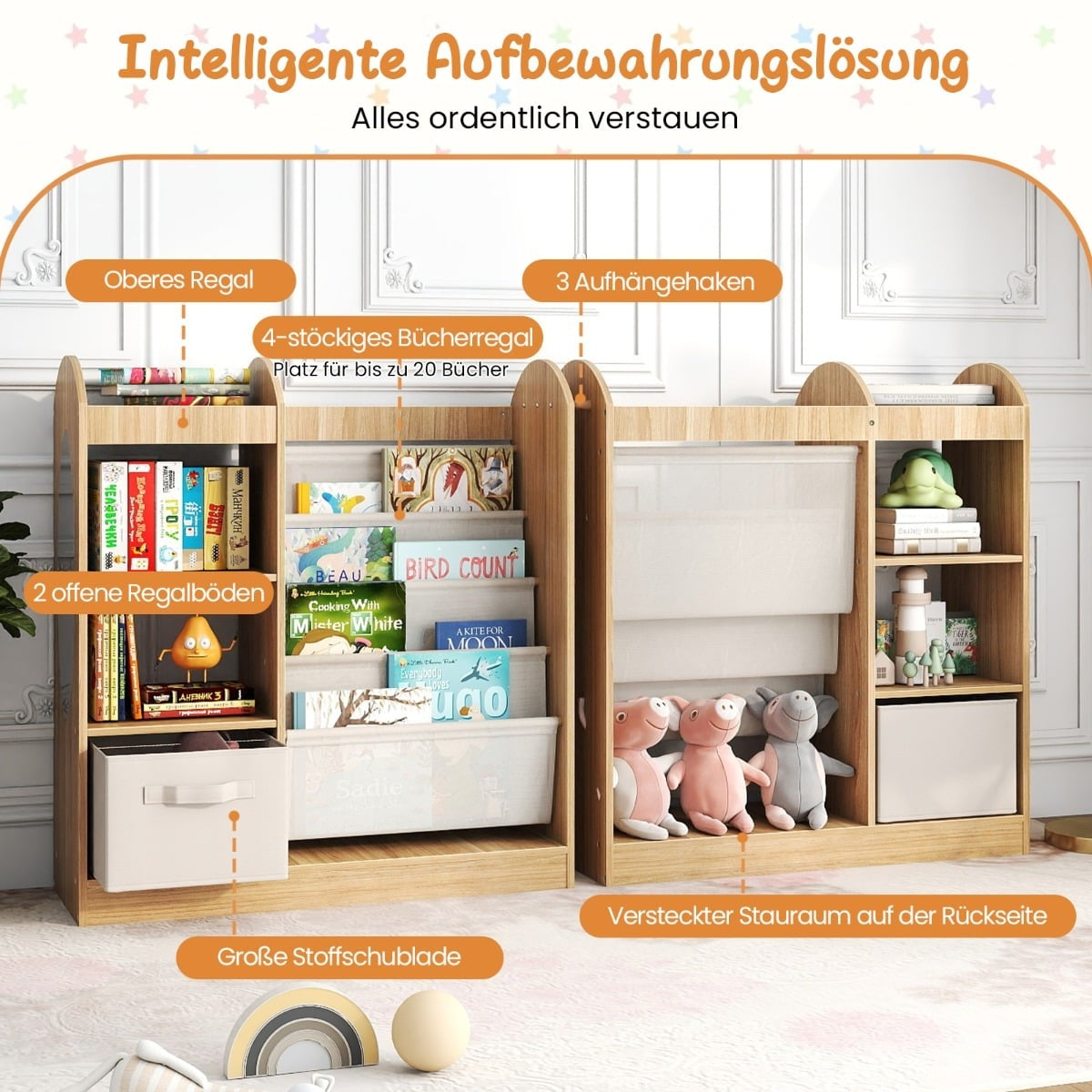 Kids Bookshelf with Mirror and Toy Storage Organizer