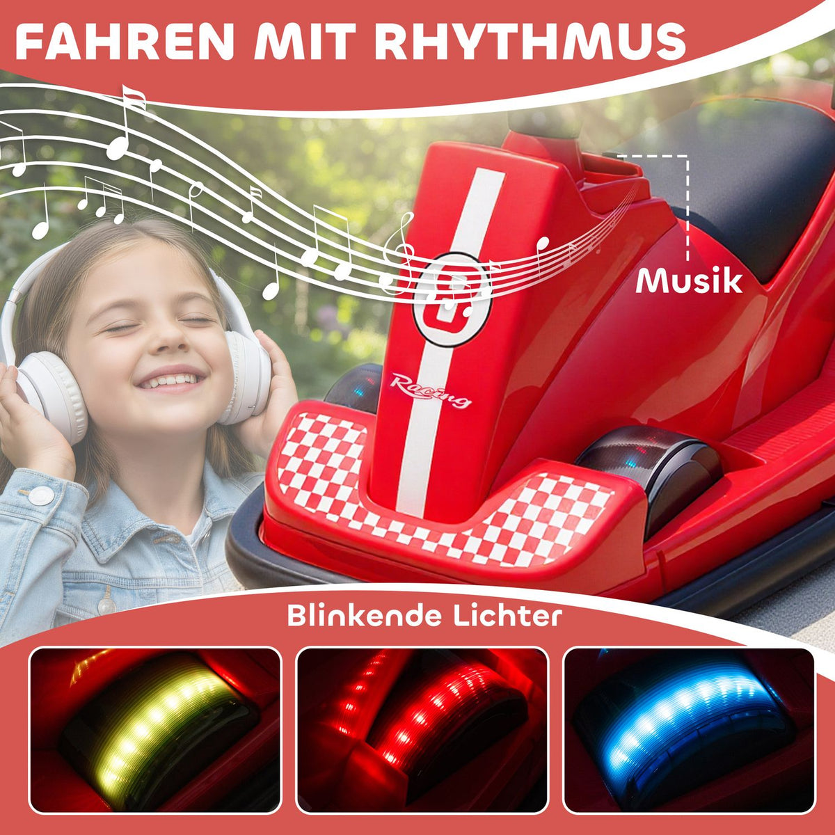 Kids Bumper Car, 360 Spin, LED Lights, Music, Ages 3-8