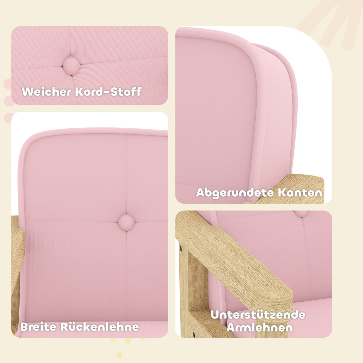 Kids Corduroy Chair, Foam, Wood Legs, 3-8 Years, Pink