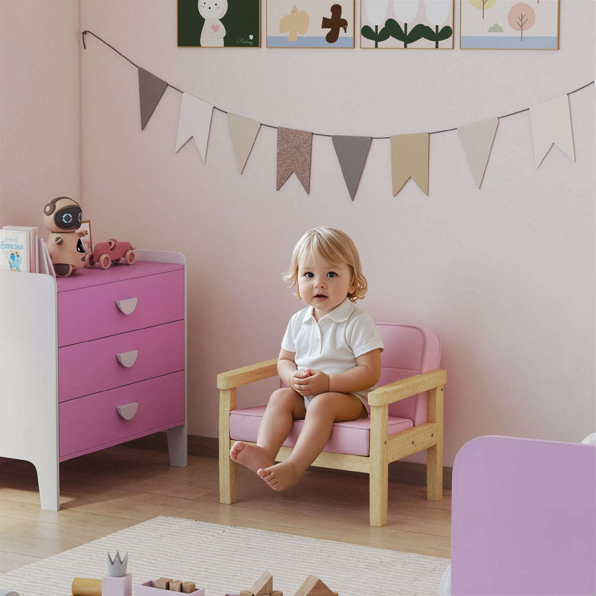 Kids Corduroy Chair, Foam, Wood Legs, 3-8 Years, Pink