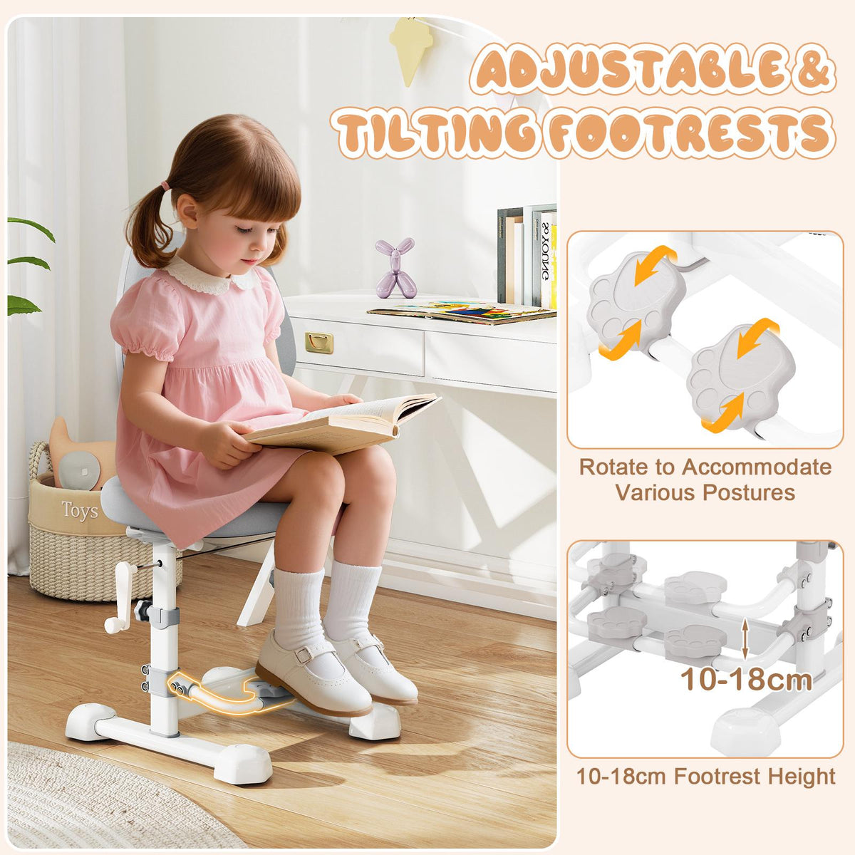 Kids Desk Chair, Adjustable Backrest and Footrest, Grey