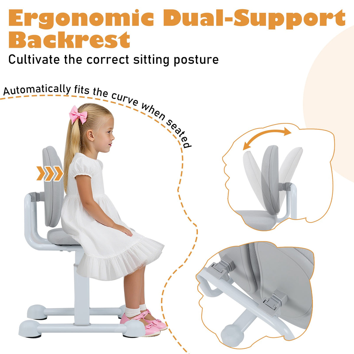 Kids Desk Chair – Adjustable Height, Dual Lumbar, Grey