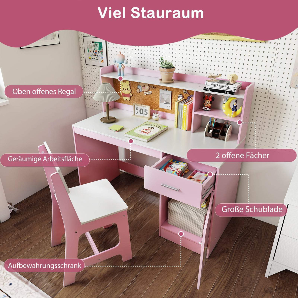 Kids' Desk & Chair Set with Storage, Pink MDF
