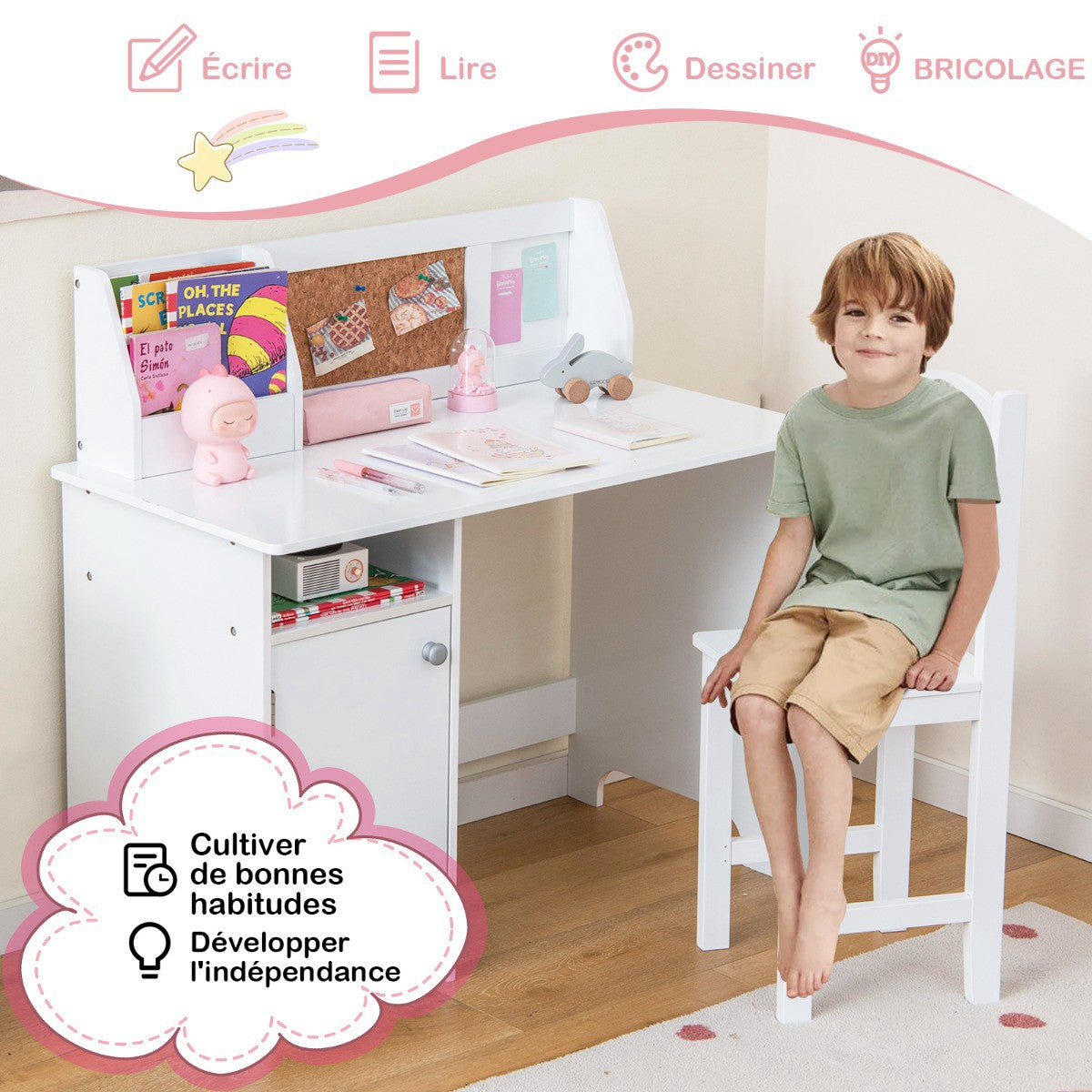 Kids Desk and Chair Set, Whiteboard, Storage Cabinet, Ages 3+