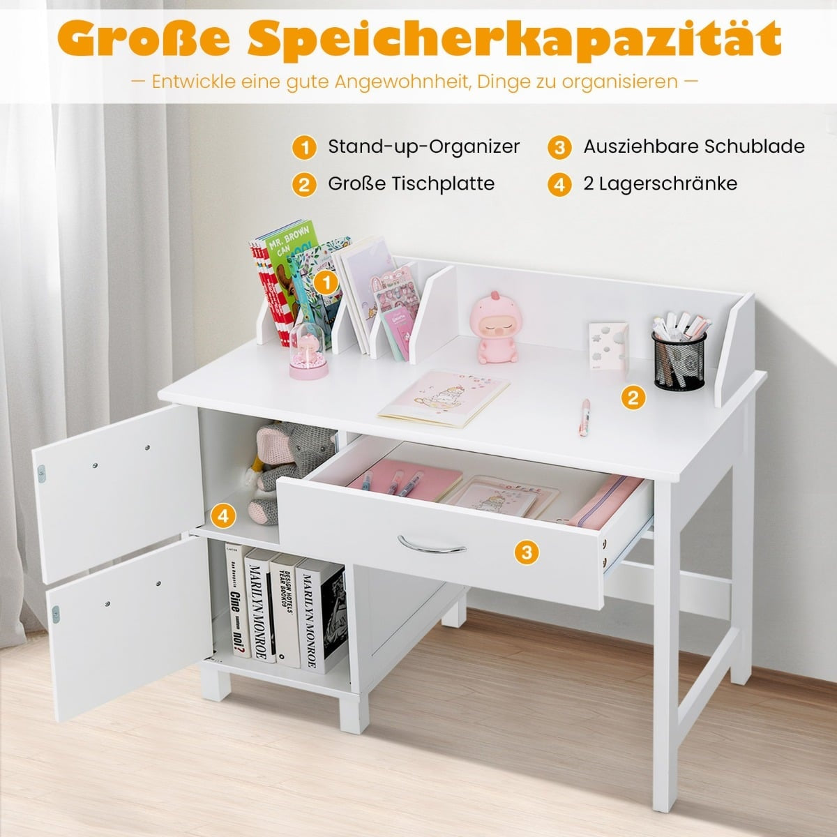 Kids Desk and Chair Set, Wood, White, Storage Options
