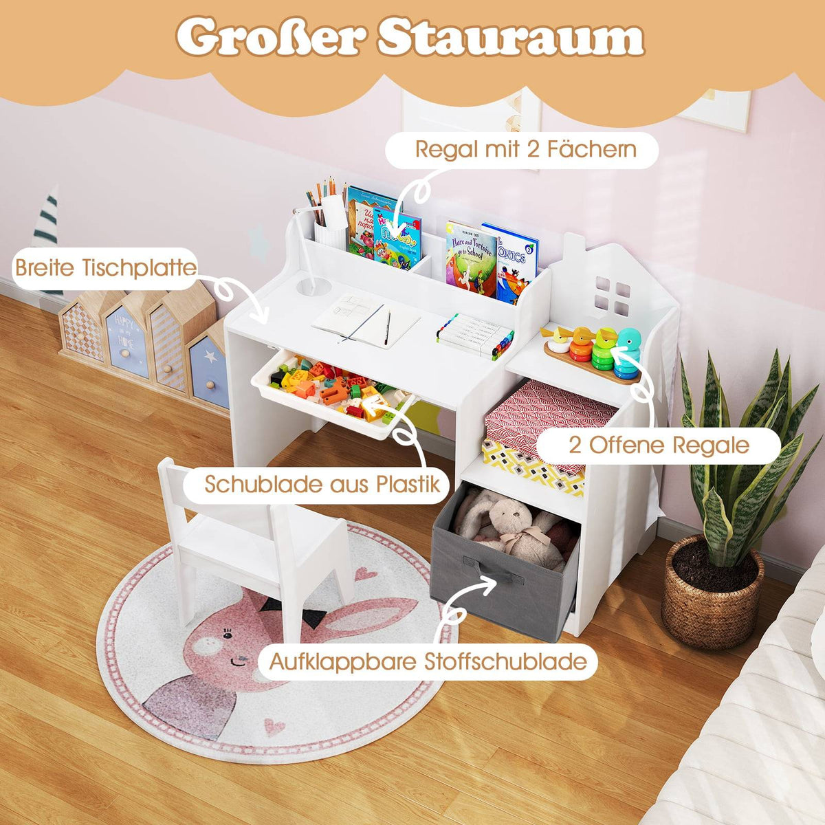 Kids Desk and Chair Set with Shelves and Drawer, White