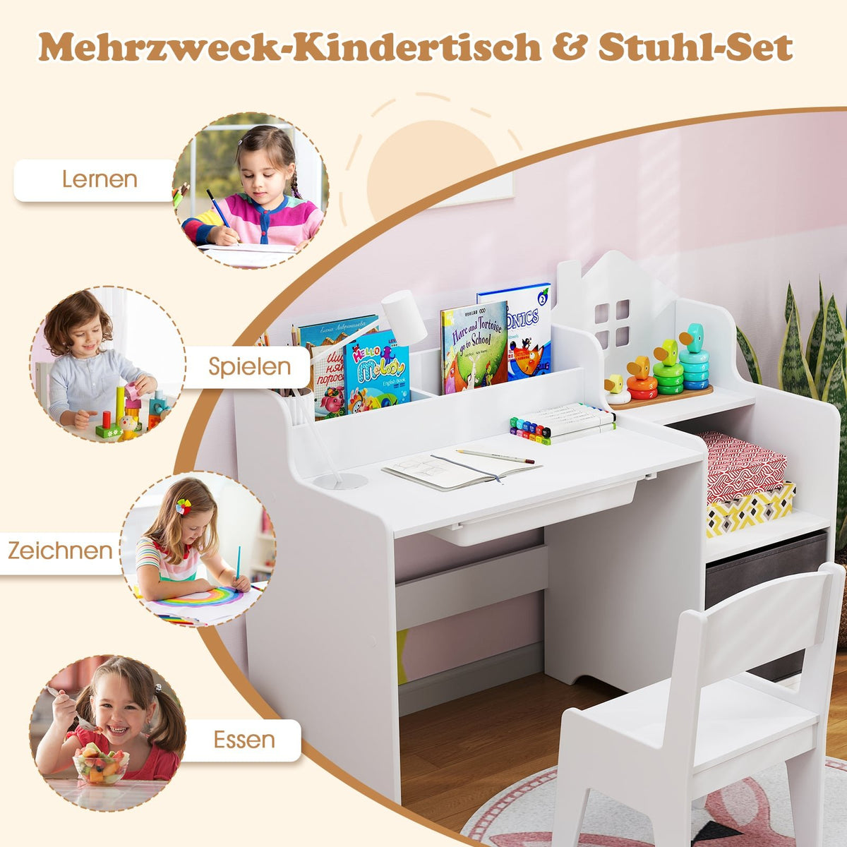 Kids Desk and Chair Set with Shelves and Drawer, White