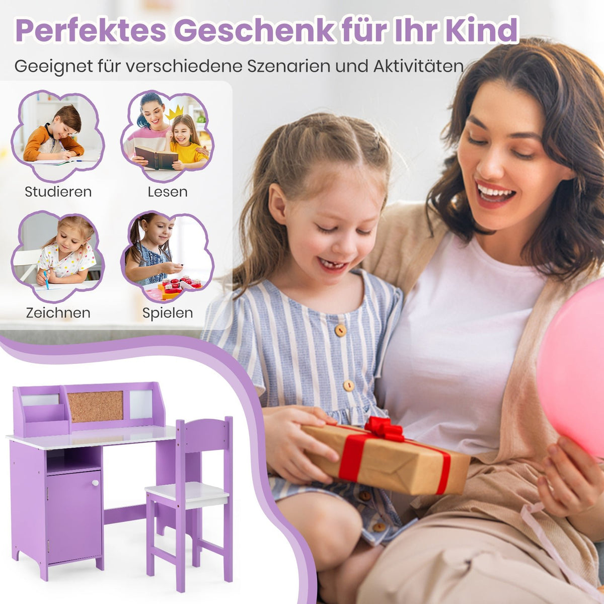 Kids Desk and Chair Set with Storage, Purple Wood