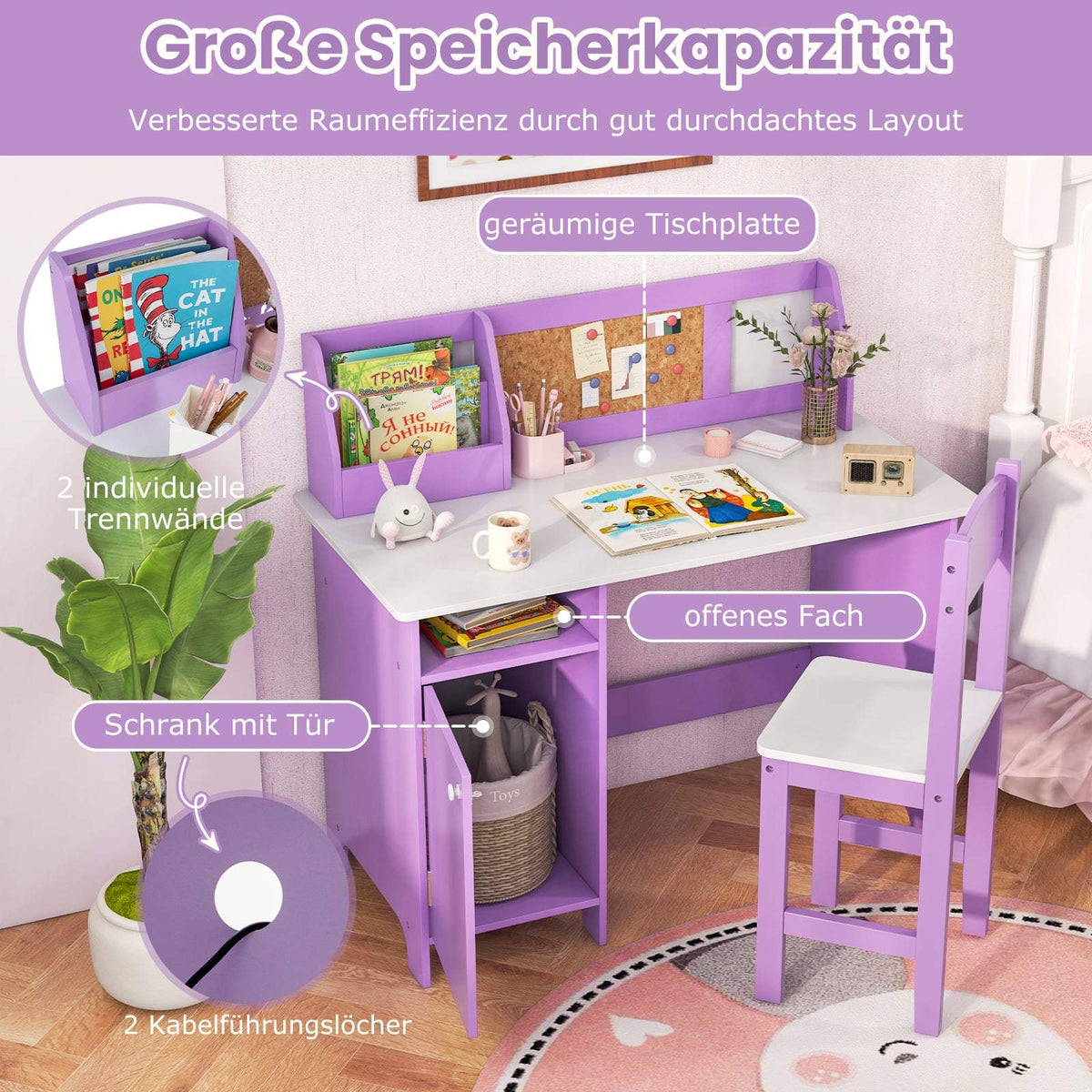 Kids Desk and Chair Set with Storage, Purple Wood