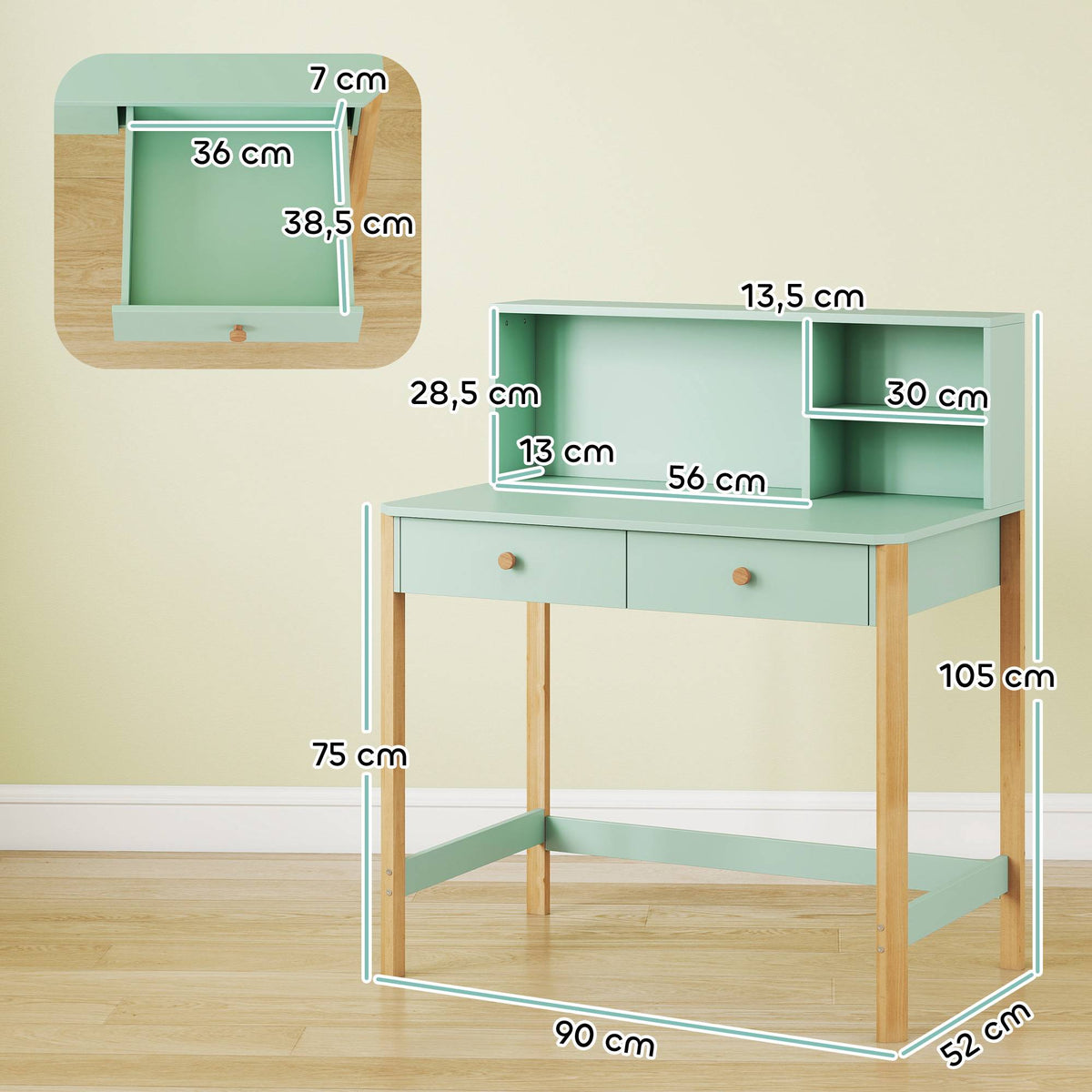 Kids Desk with Storage, Green & Natural, 90x52x105 cm