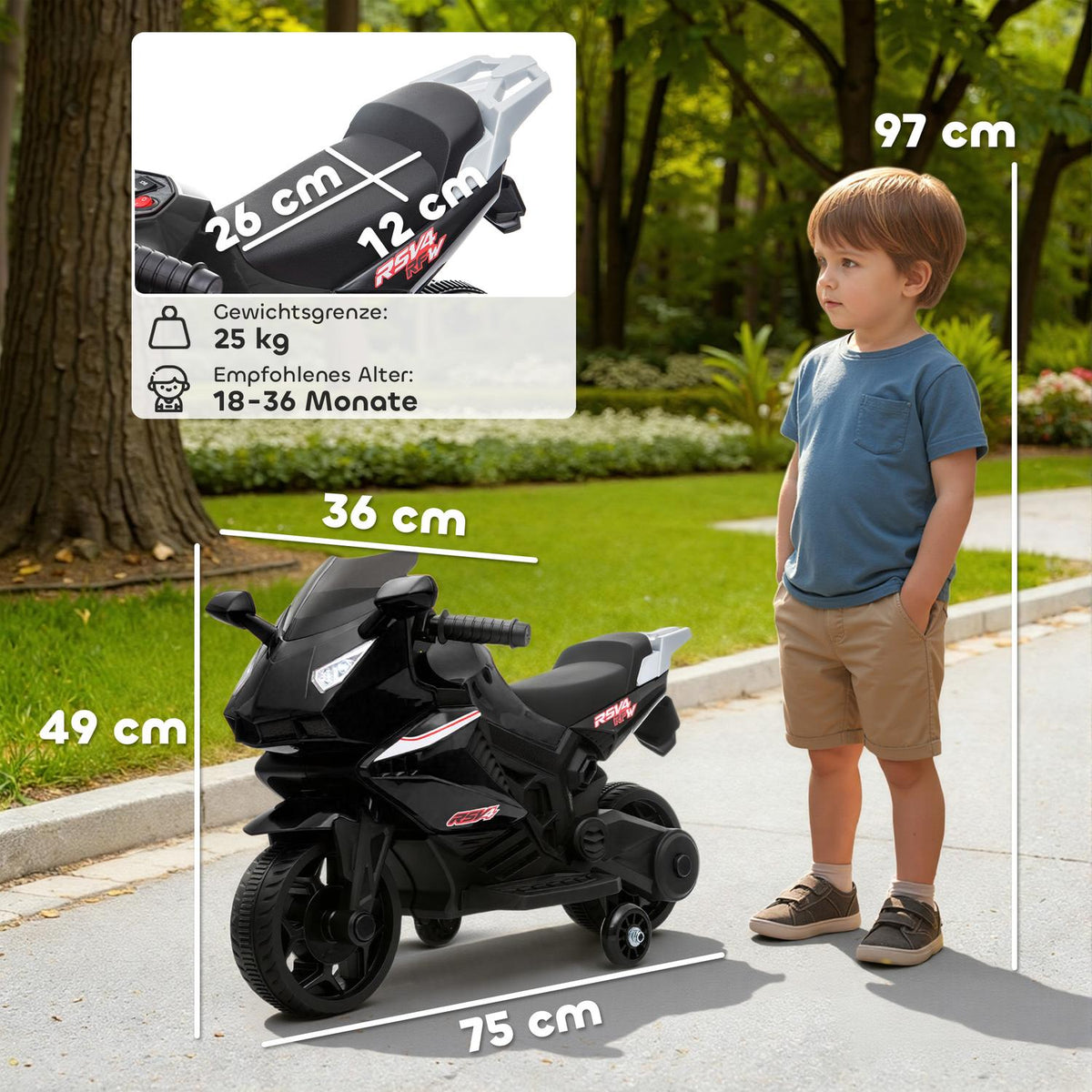 Kids Electric Motorcycle, Horn, Headlights, Music, Black