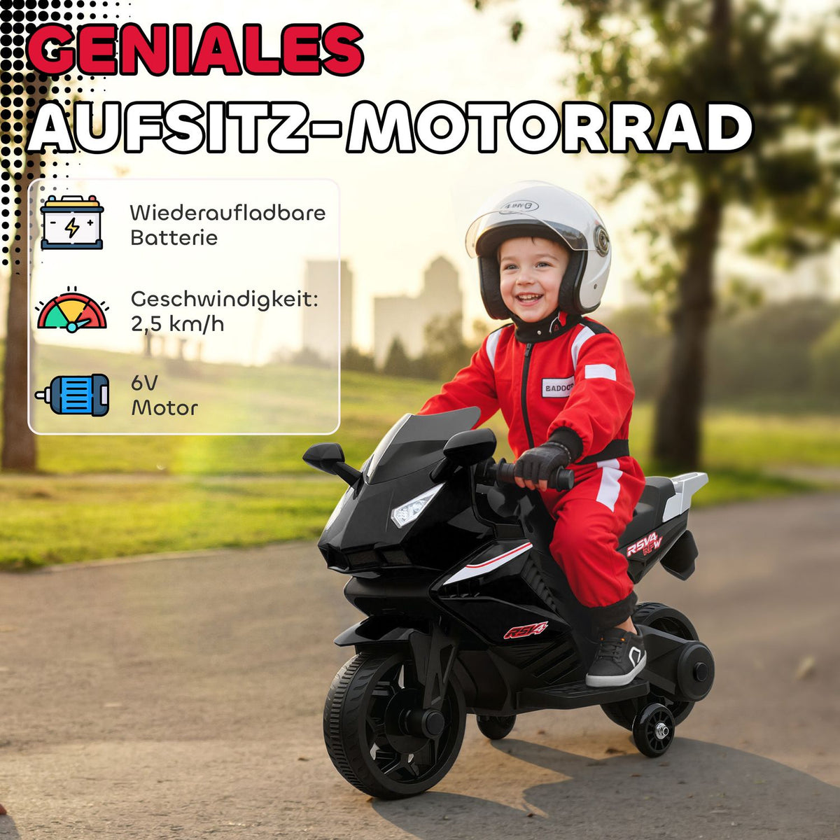 Kids Electric Motorcycle, Horn, Headlights, Music, Black