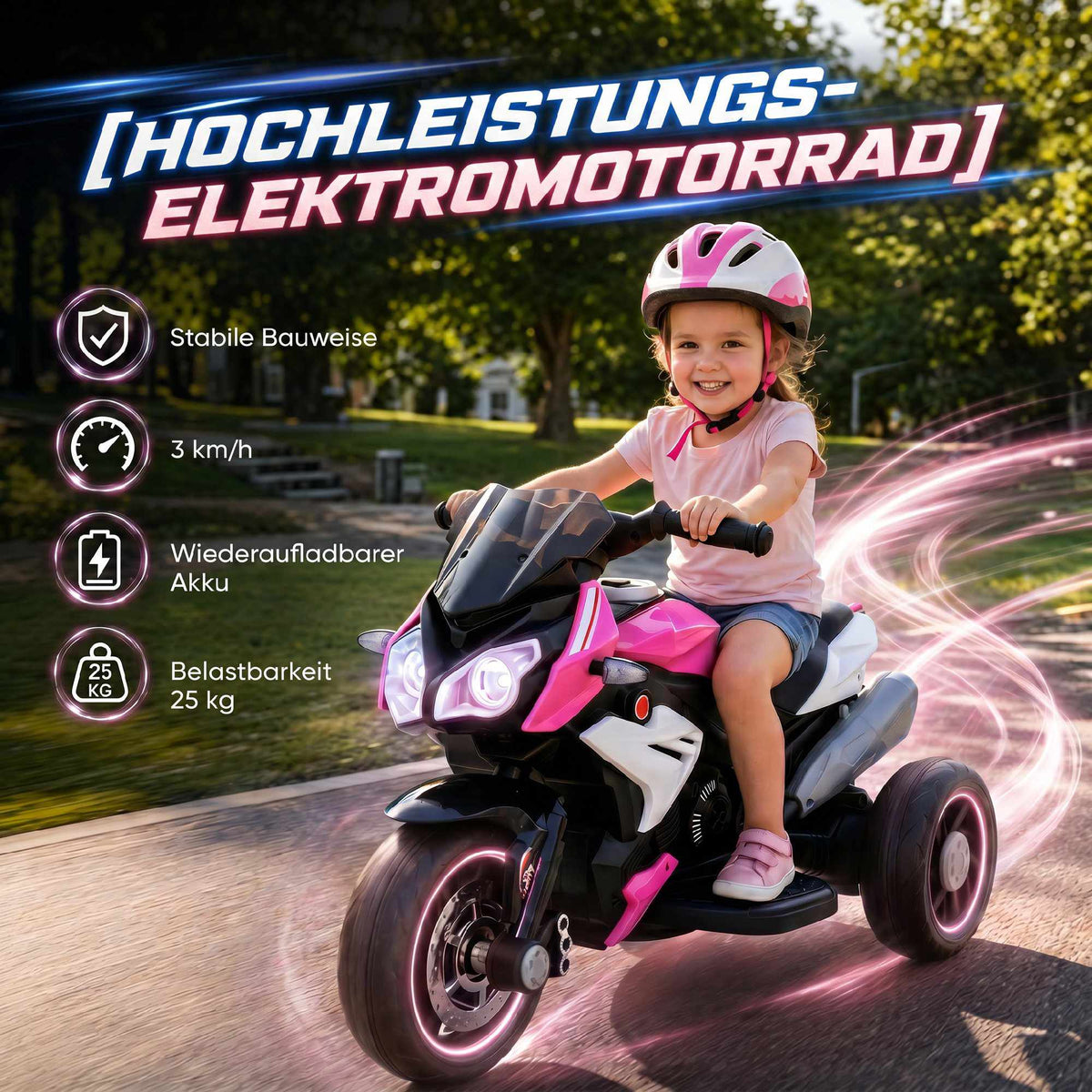 Kids' Electric Motorcycle, Lights & Sounds, 3 km/h, Pink/White