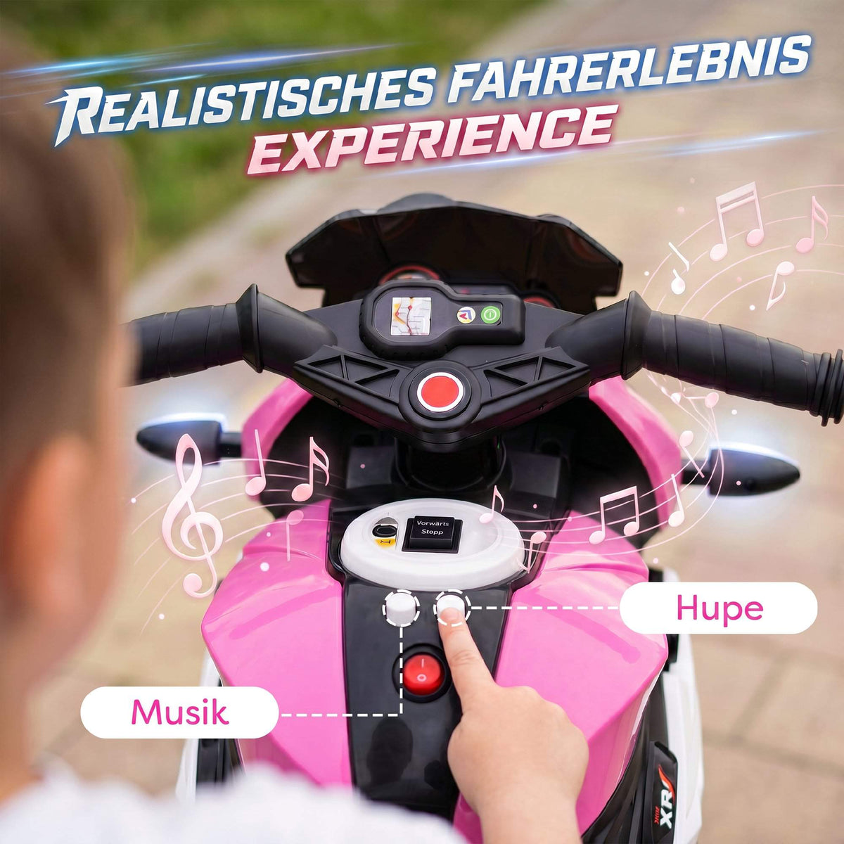 Kids' Electric Motorcycle, Lights & Sounds, 3 km/h, Pink/White