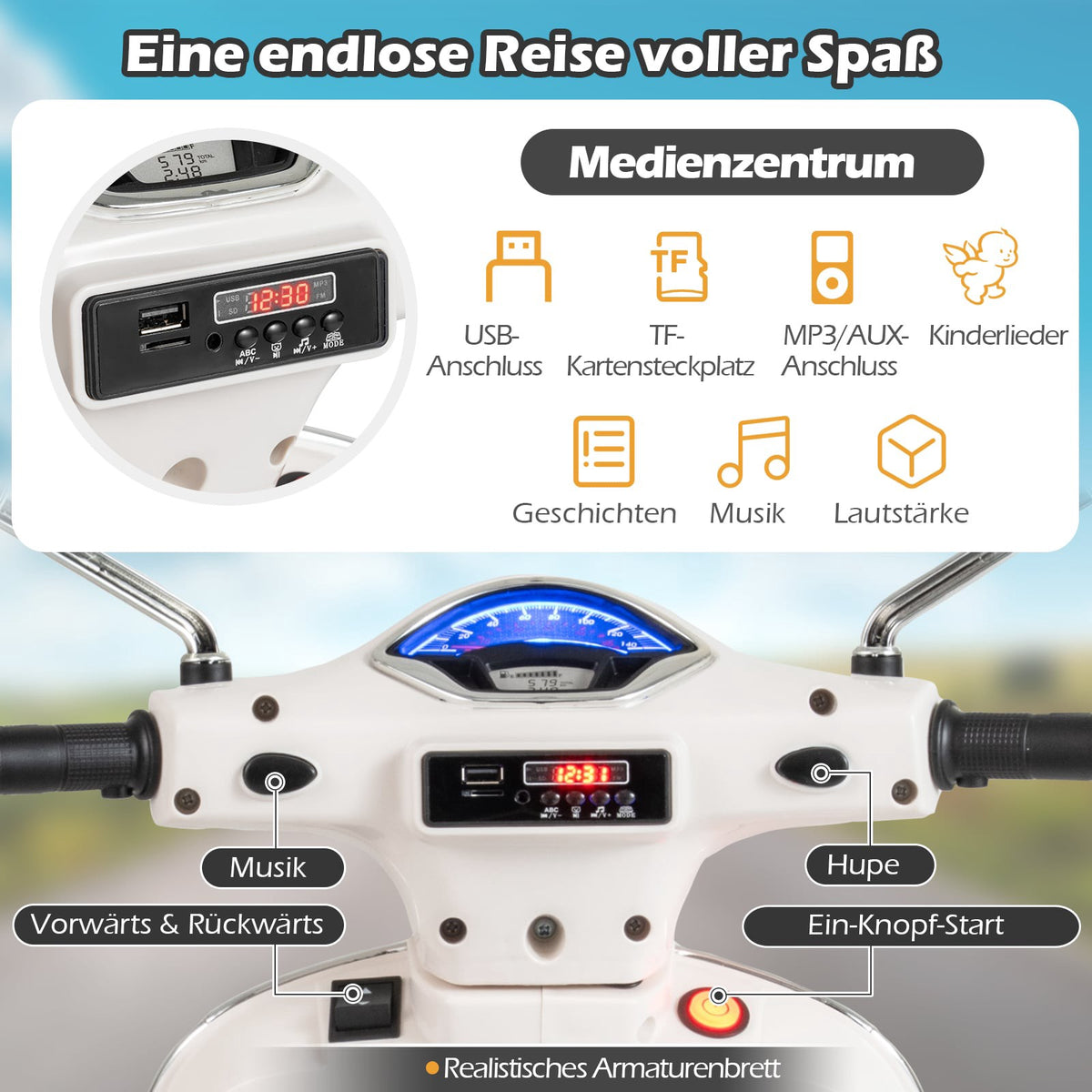 Kids Electric Motorcycle with LED Lights, Horn – White