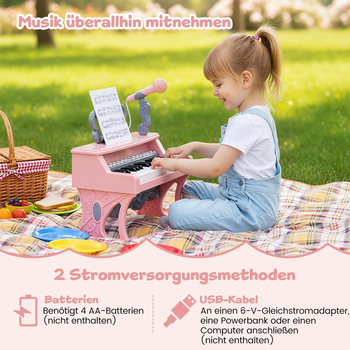 Kids Electric Piano Keyboard, 25 Keys, Mic & Stand, Pink