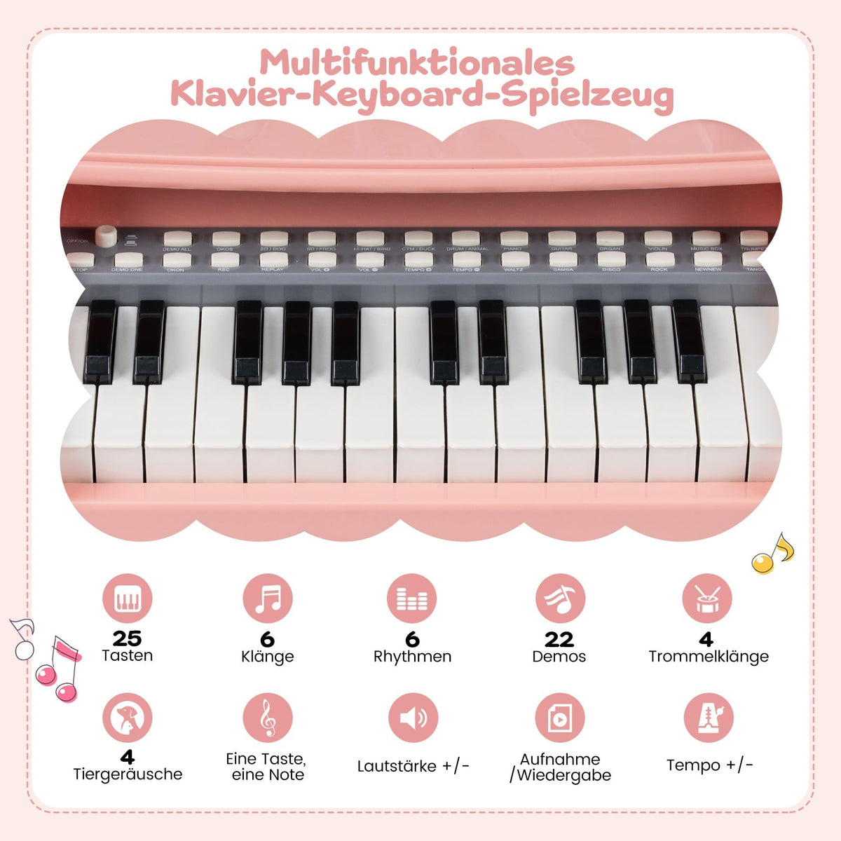 Kids Electric Piano Keyboard, 25 Keys, Mic & Stand, Pink