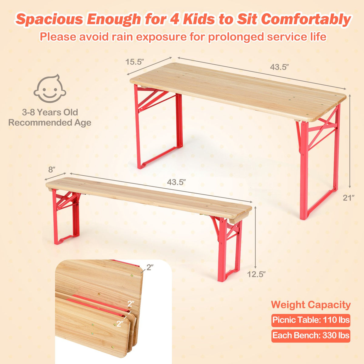 Kids Folding Picnic Table and Bench Set, Fir Wood, 110 cm