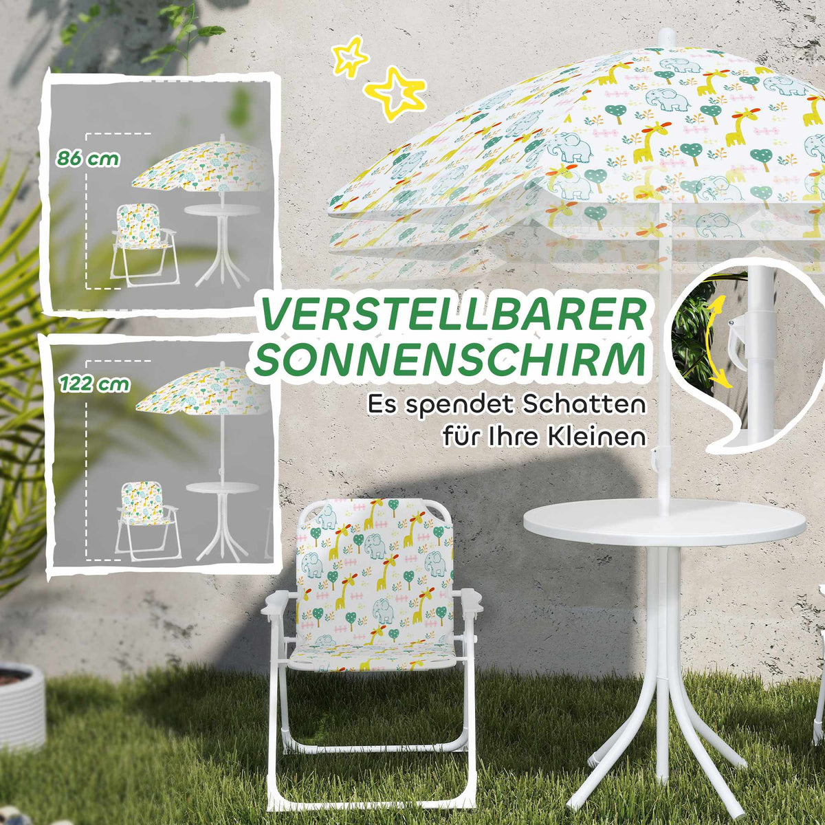 Kids' Folding Table Set with Umbrella, Animal Design