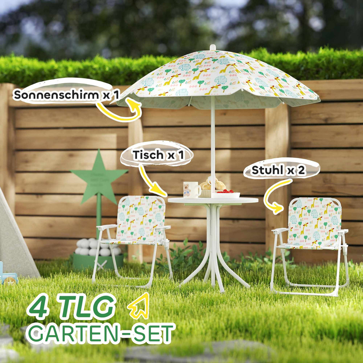 Kids' Folding Table Set with Umbrella, Animal Design