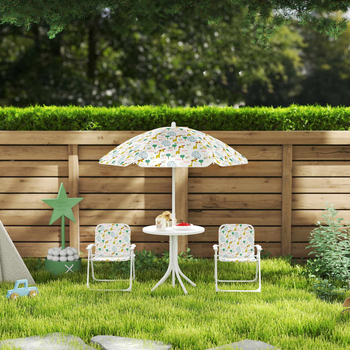 Kids' Folding Table Set with Umbrella, Animal Design
